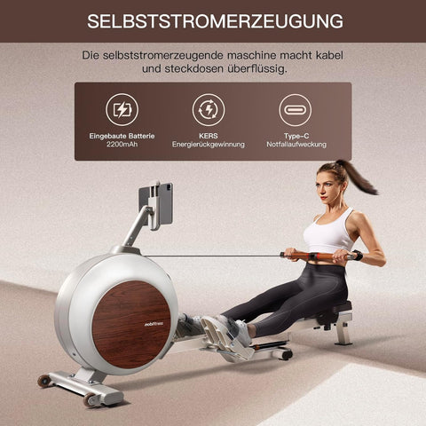 MOBI FITNESS Rudergerät für Zuhause, Magnetisches Rudergeräte mit 40 Stufen Widerstand, Spitzenwiderstand 45kg, Leises Rudergerät, LCD-Datenanzeige, Einfacher Aufbau (Kompatibel mit Apple Watch & APP)