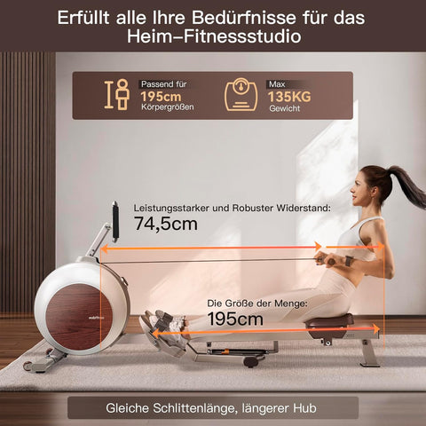 MOBI FITNESS Rudergerät für Zuhause, Magnetisches Rudergeräte mit 40 Stufen Widerstand, Spitzenwiderstand 45kg, Leises Rudergerät, LCD-Datenanzeige, Einfacher Aufbau (Kompatibel mit Apple Watch & APP)