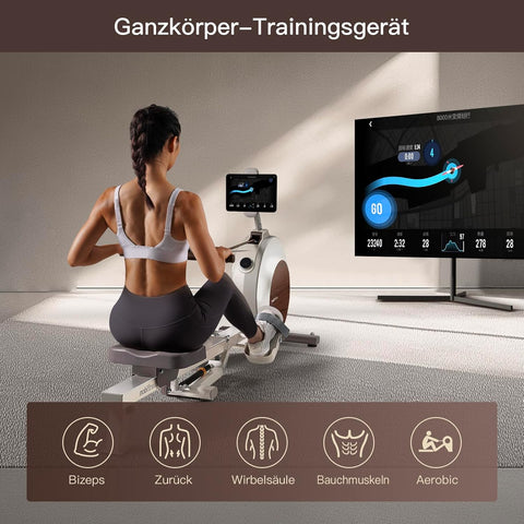 MOBI FITNESS Rudergerät für Zuhause, Magnetisches Rudergeräte mit 40 Stufen Widerstand, Spitzenwiderstand 45kg, Leises Rudergerät, LCD-Datenanzeige, Einfacher Aufbau (Kompatibel mit Apple Watch & APP)