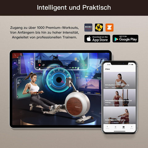 MOBI FITNESS Rudergerät für Zuhause, Magnetisches Rudergeräte mit 40 Stufen Widerstand, Spitzenwiderstand 45kg, Leises Rudergerät, LCD-Datenanzeige, Einfacher Aufbau (Kompatibel mit Apple Watch & APP)