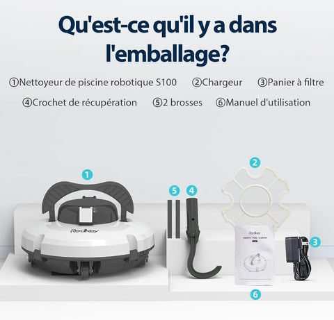 Redkey S100 Robot Piscine Sans Fil, 130 Min de Nettoyage Puissant, Pente de 18°, Deux Moteurs Puissants et Brosses, Automatique de Stationnement, Aspirateur Piscine pour Piscines Hors Sol jusqu'à 100㎡